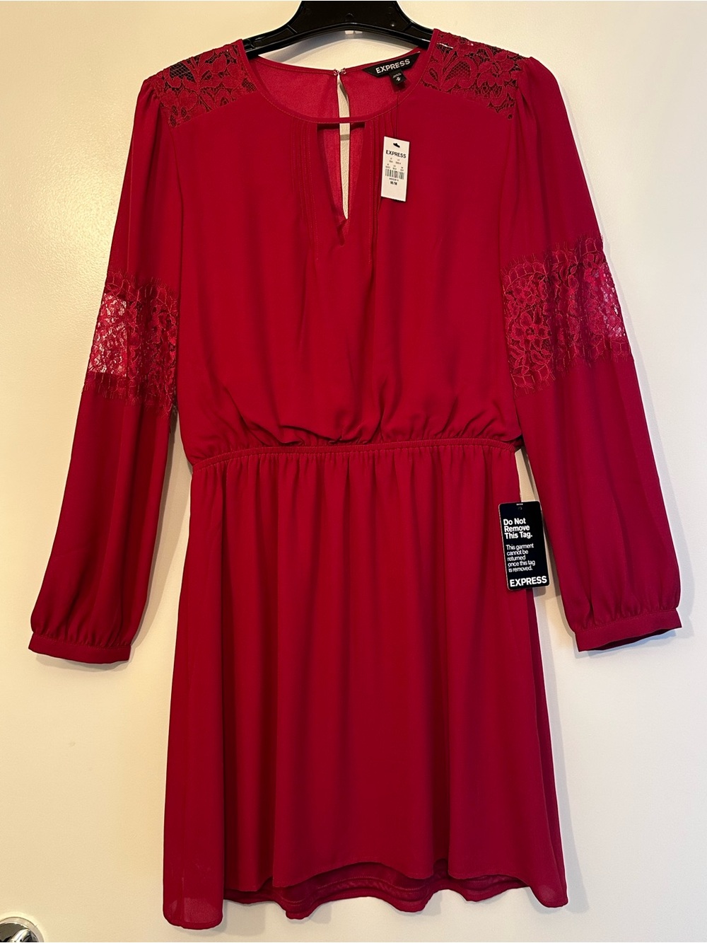 Express Crimson Red Long Sleeve Lace-Trim Fit & Flare Dress (brand new w/ tags)